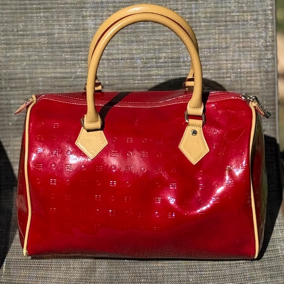 Arcadia Red and Tan Patent Leather Satchel - Picture 1 of 14